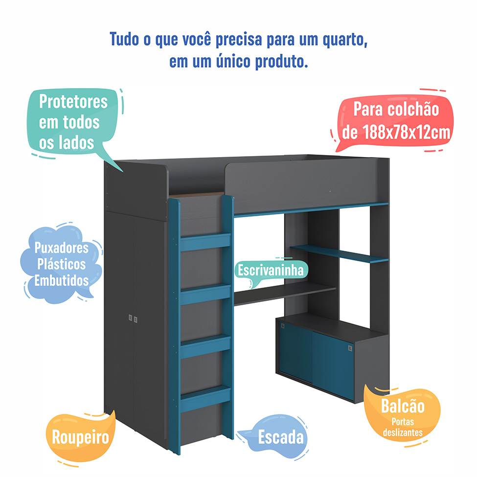 Cama Infantil Multifuncional Cora 4 PT Grafite e Azul