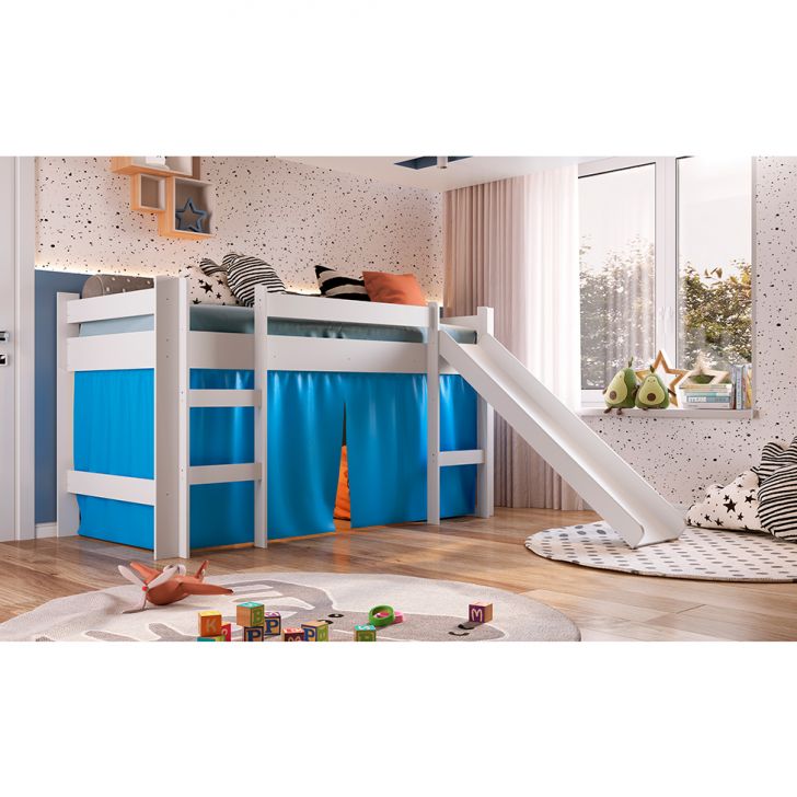 Cama Infantil Slide com Escorregador Branca e Azul com Colchão Astra D20 Preto e Cinza