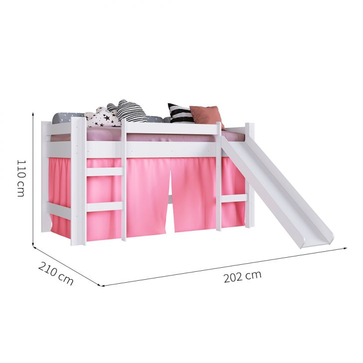 Cama Infantil Slide com Escorregador Branca e Rosa com Colchão Astra D20 Preto e Cinza