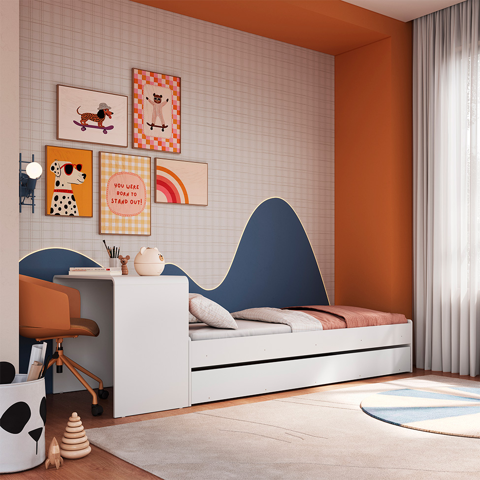 Cama Infantil com Cama Auxiliar e Escrivaninha Curve Branca