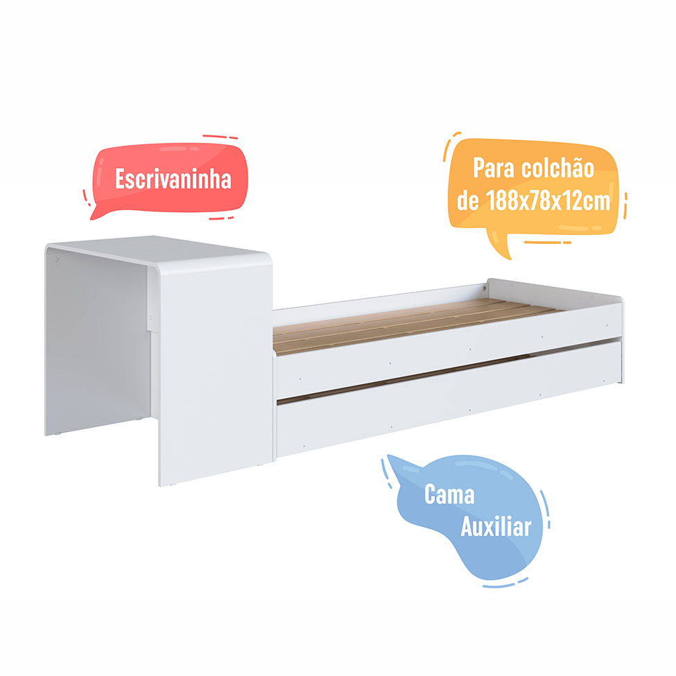Cama Infantil com Cama Auxiliar e Escrivaninha Curve Branca
