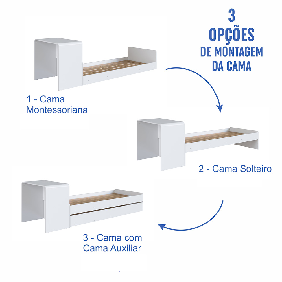 Cama Infantil com Cama Auxiliar e Escrivaninha Curve Branca