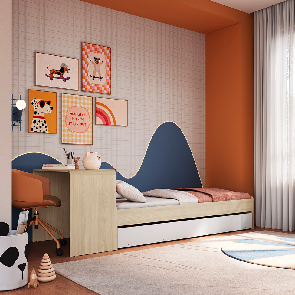 Cama Infantil com Cama Auxiliar e Escrivaninha Curve Carvalho