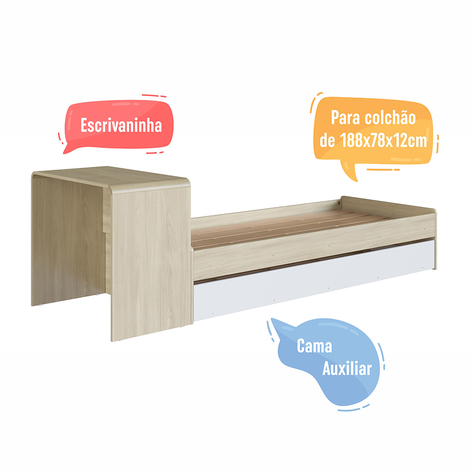 Cama Infantil com Cama Auxiliar e Escrivaninha Curve Carvalho