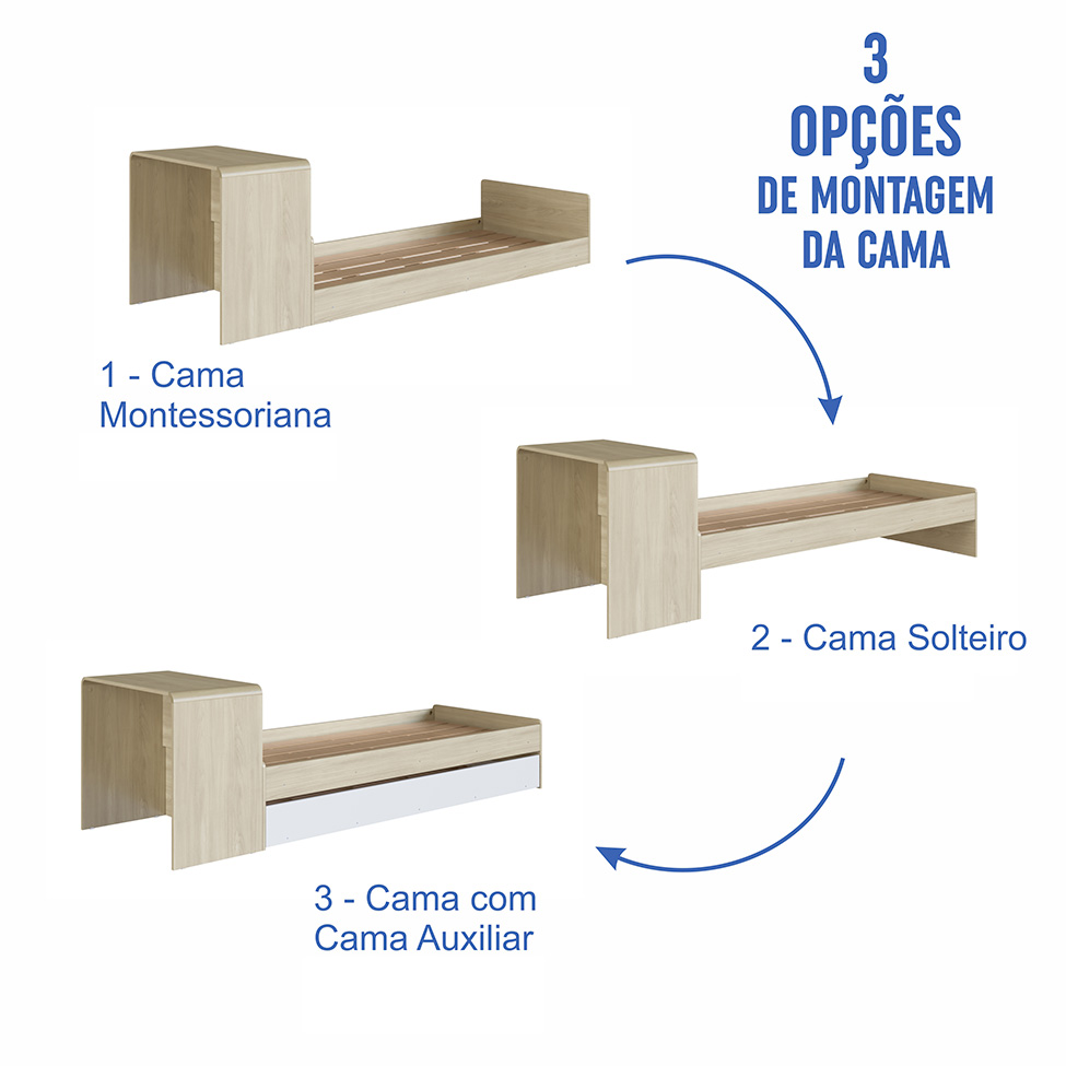 Cama Infantil com Cama Auxiliar e Escrivaninha Curve Carvalho
