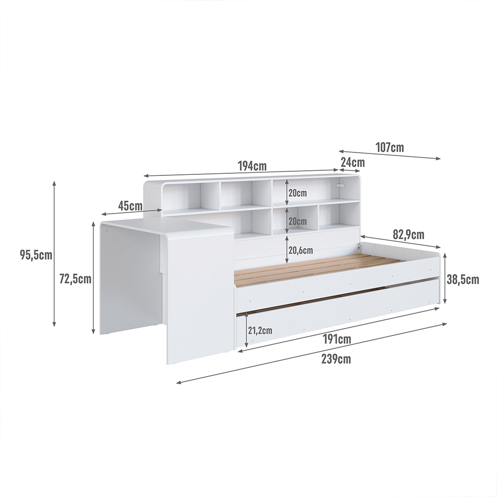 Cama Infantil com Cama Auxiliar, Escrivaninha e Nicho Curve Branca