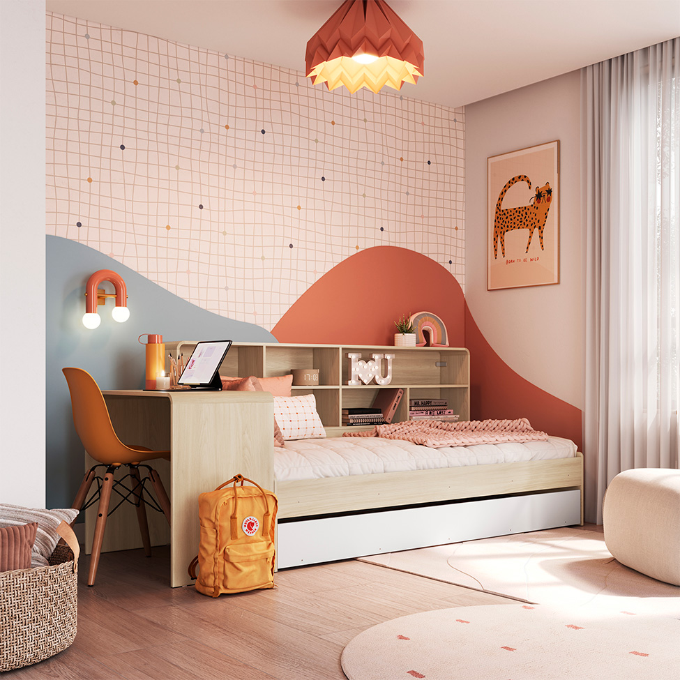 Cama Infantil com Cama Auxiliar, Escrivaninha e Nicho Curve Carvalho