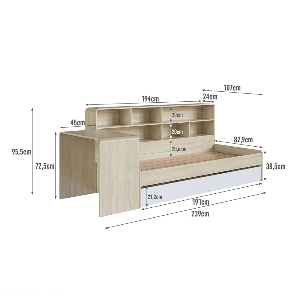 Cama Infantil com Cama Auxiliar, Escrivaninha e Nicho Curve Carvalho