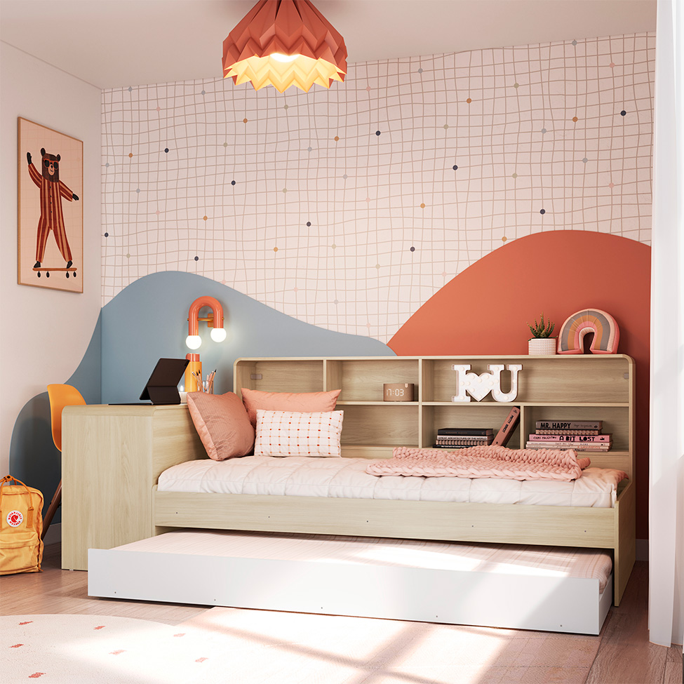 Cama Infantil com Cama Auxiliar, Escrivaninha e Nicho Curve Carvalho