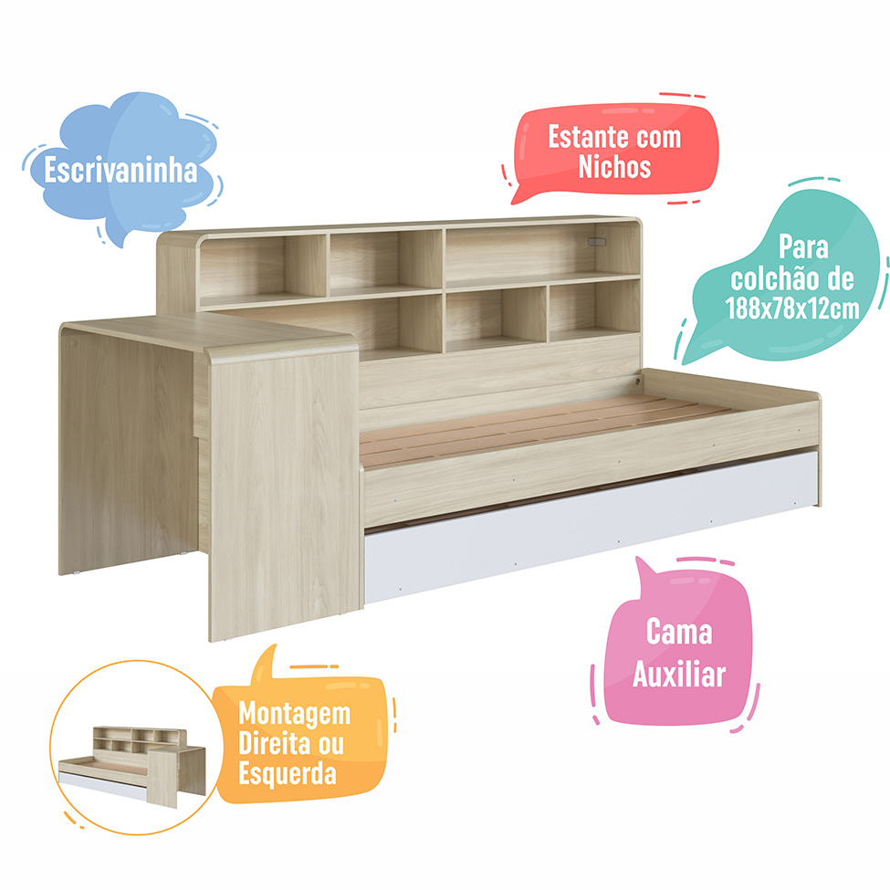 Cama Infantil com Cama Auxiliar, Escrivaninha e Nicho Curve Carvalho