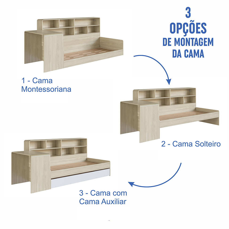 Cama Infantil com Cama Auxiliar, Escrivaninha e Nicho Curve Carvalho
