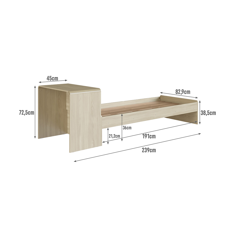 Cama Infantil com Escrivaninha Curve Carvalho