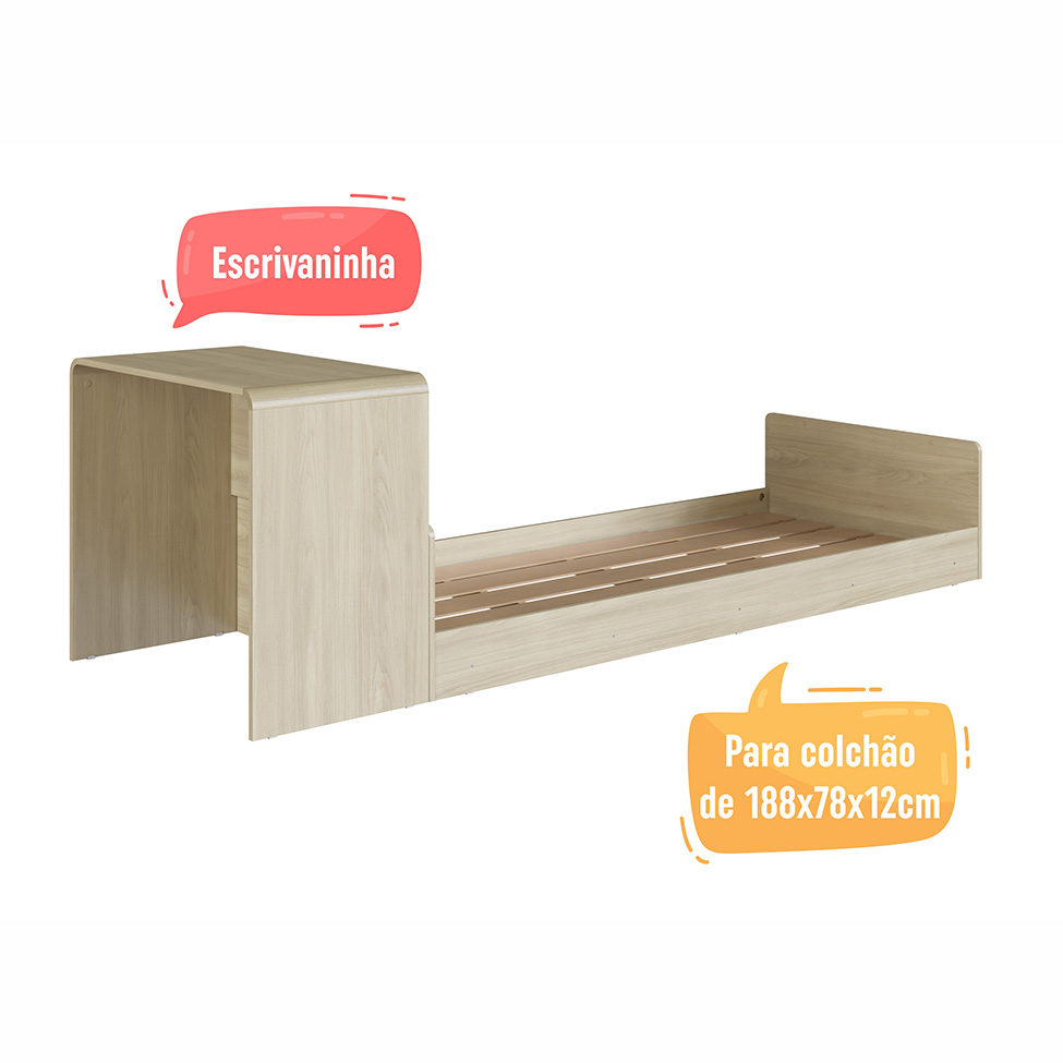 Cama Infantil com Escrivaninha Curve Carvalho