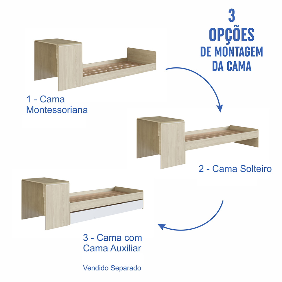 Cama Infantil com Escrivaninha Curve Carvalho