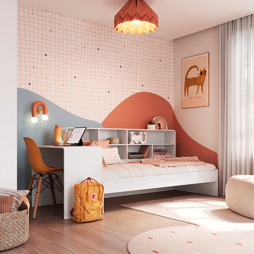 Cama Infantil com Escrivaninha e Nicho Curve Branca