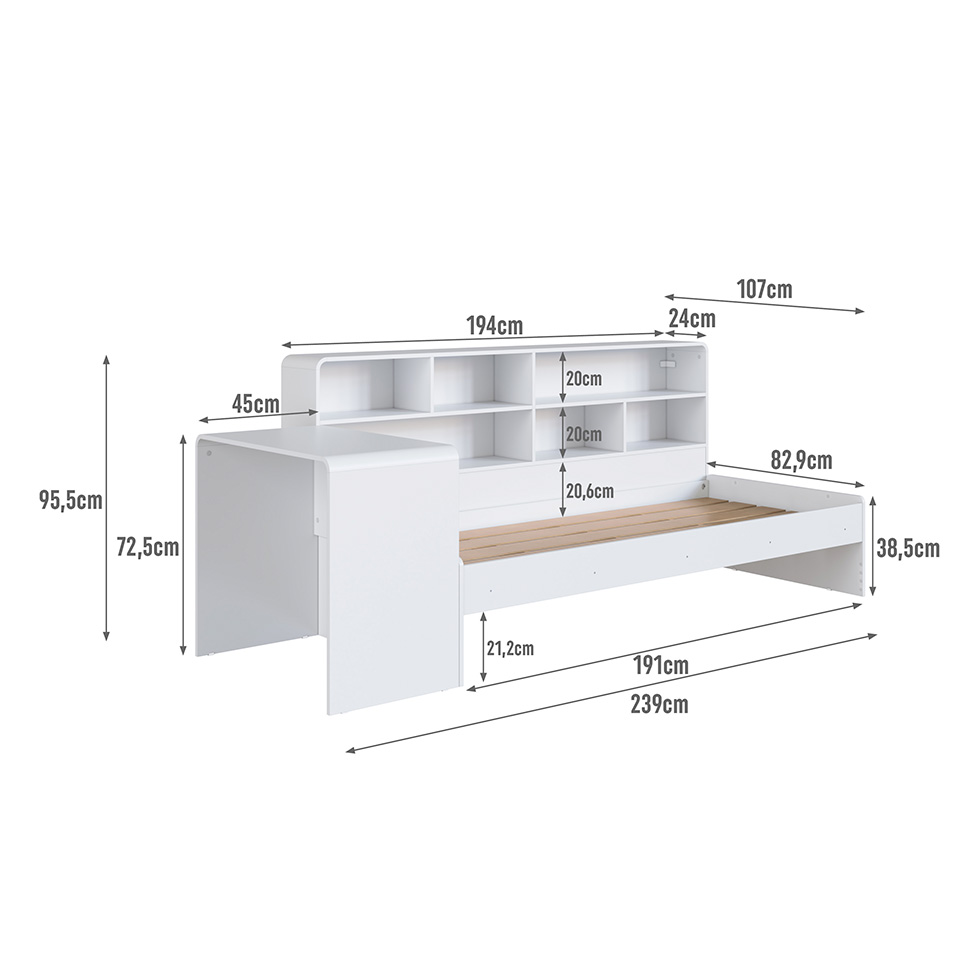 Cama Infantil com Escrivaninha e Nicho Curve Branca