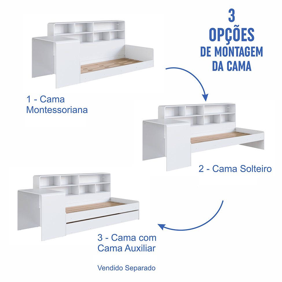 Cama Infantil com Escrivaninha e Nicho Curve Branca