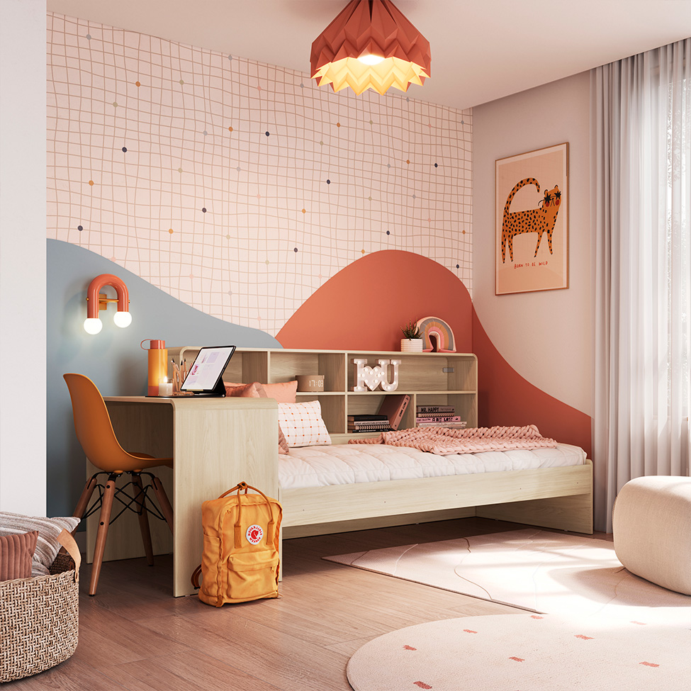 Cama Infantil com Escrivaninha e Nicho Curve Carvalho