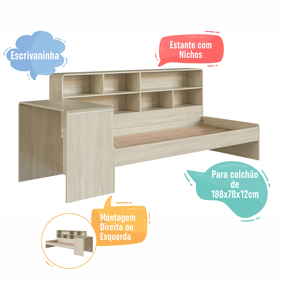 Cama Infantil com Escrivaninha e Nicho Curve Carvalho