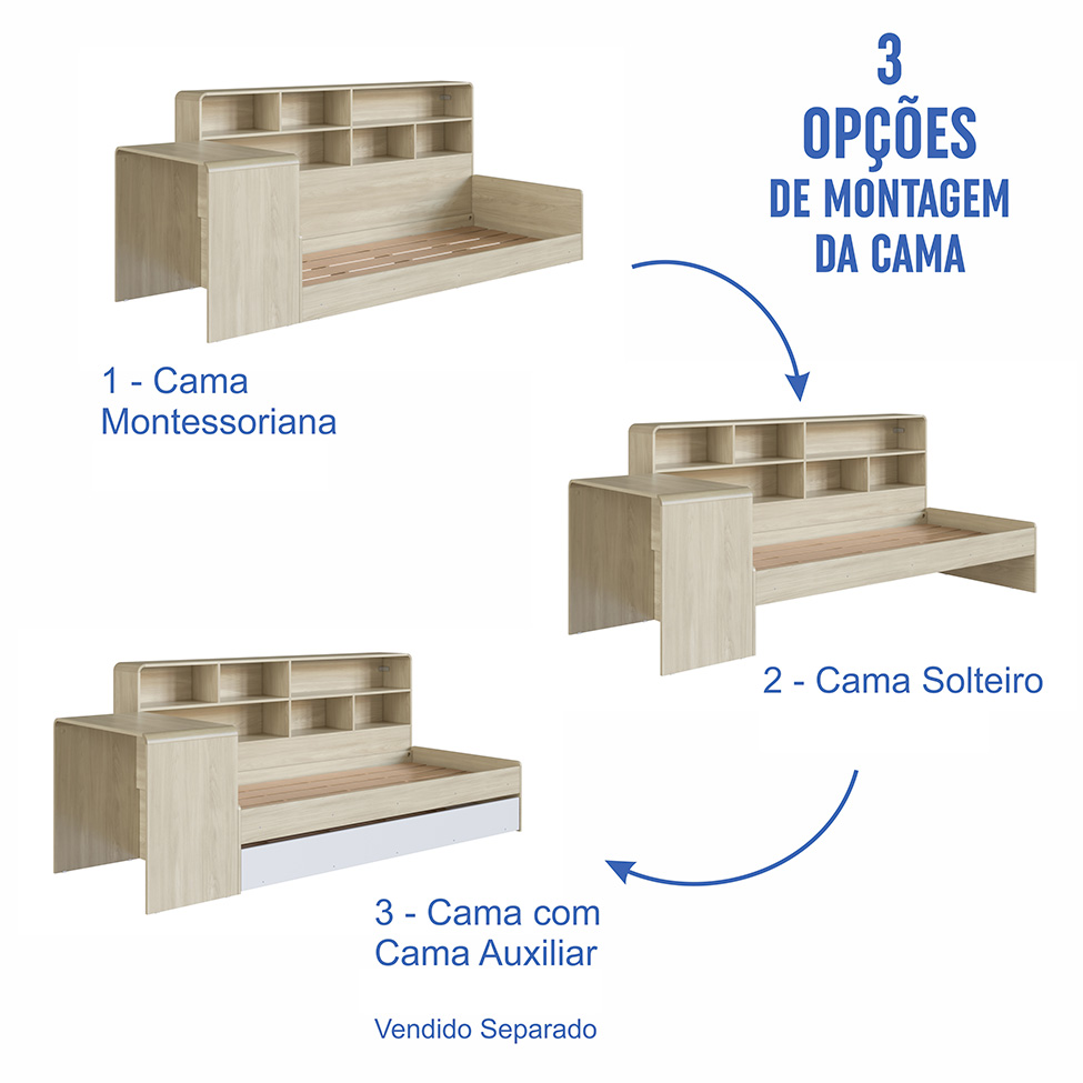 Cama Infantil com Escrivaninha e Nicho Curve Carvalho