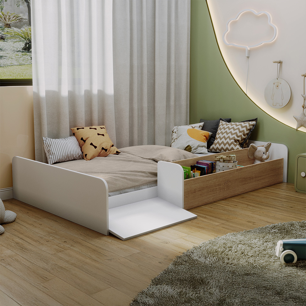 Cama Montessoriana com Nicho e Rampa Dream Branca e Mel