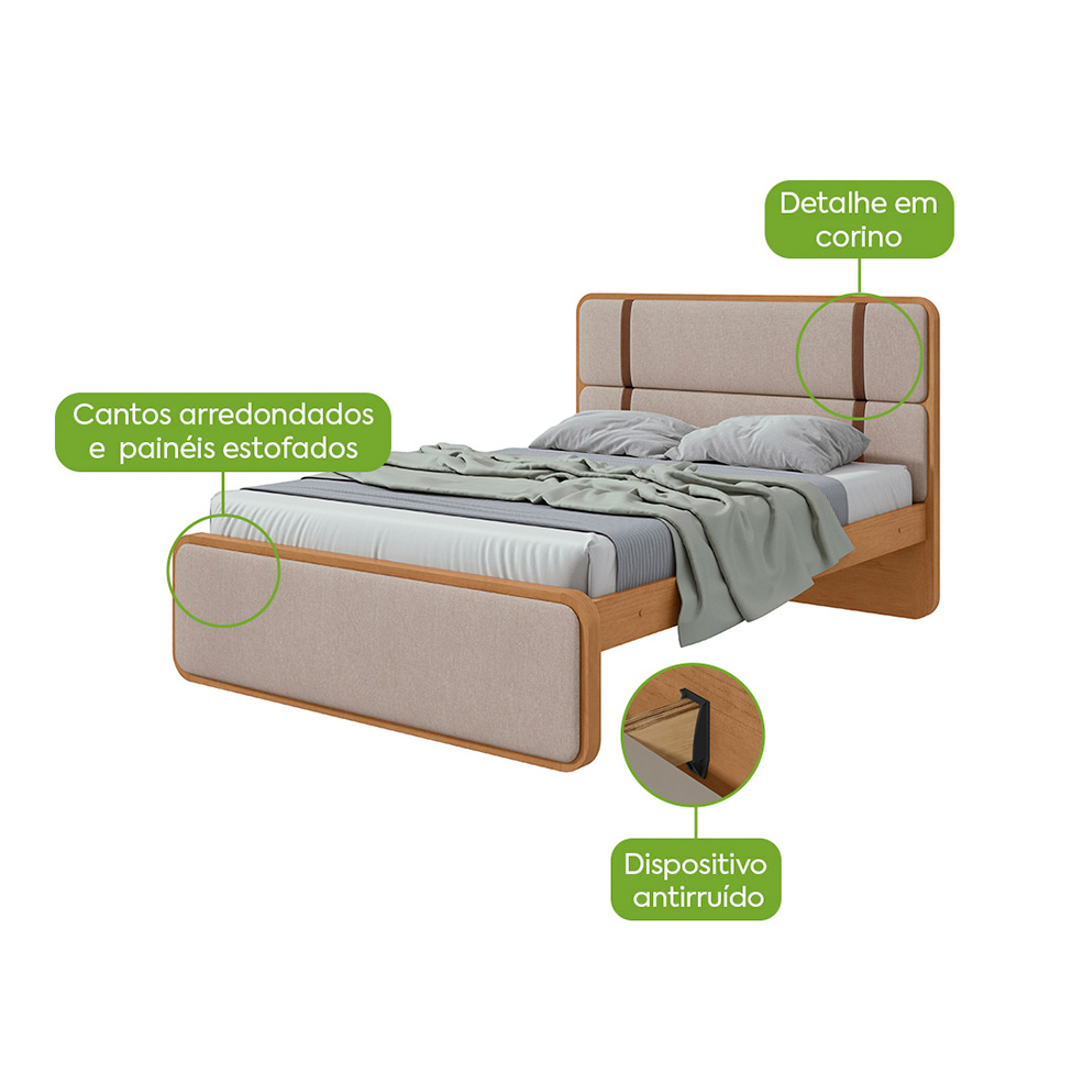 Cama Queen Leder Linho Bege e Amêndoa