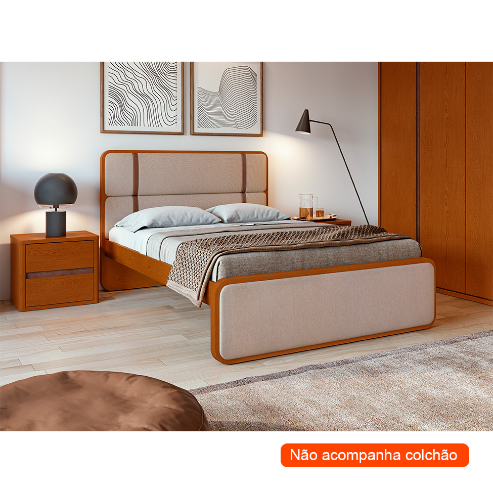 Cama Queen Leder Linho Bege e Frassino