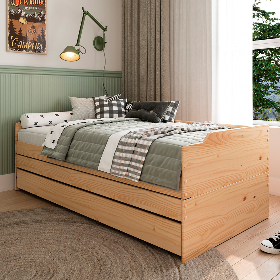 Cama Solteiro Extensível com Cama Auxiliar Flip Natural