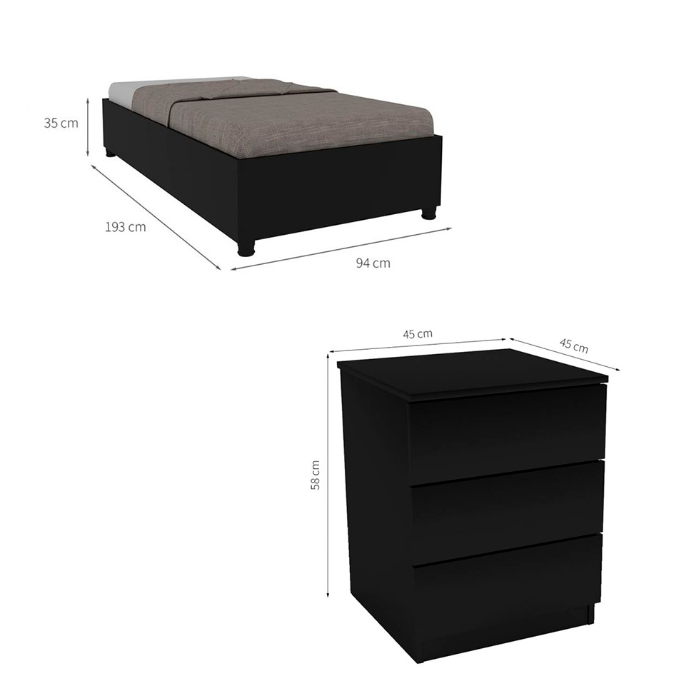 Cama Solteiro Monaco com Mesa de Cabeceira Veronna 3 GV Preto