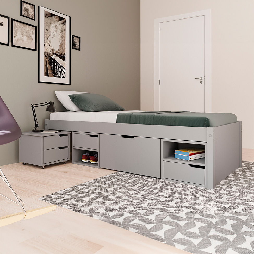 Cama Solteiro Multifuncional Charme 5 GV Madeira Maciça Cinza Claro