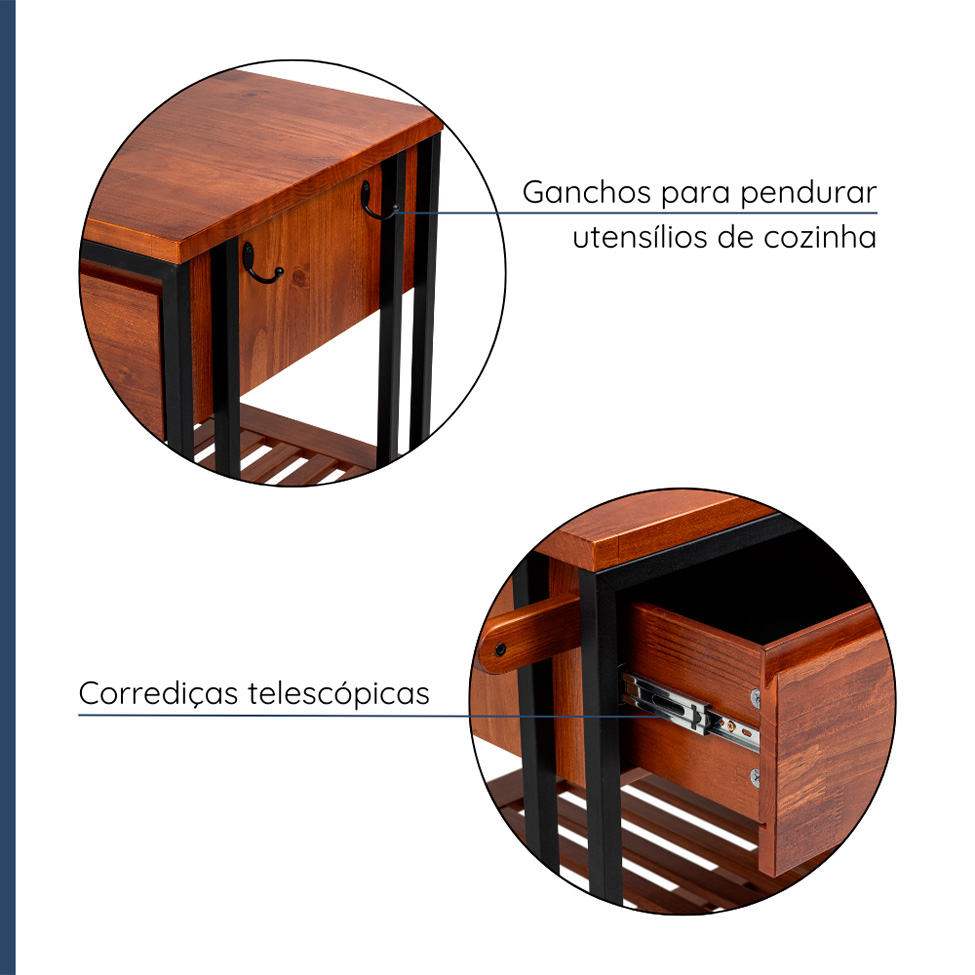 Carrinho Bar Industrial 2 Gavetas Garapa e Preto 100 cm