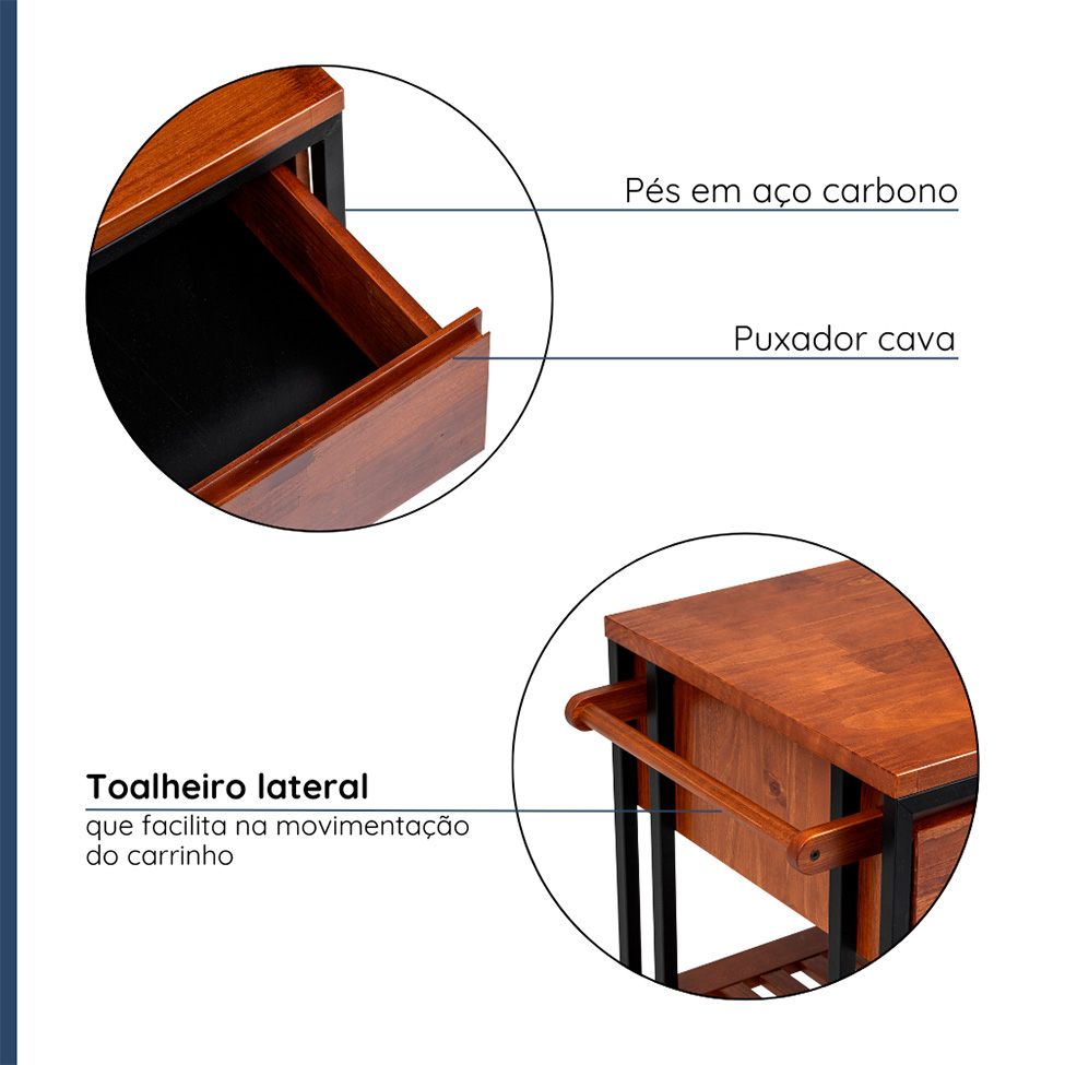 Carrinho Bar Industrial 2 Gavetas Garapa e Preto 100 cm