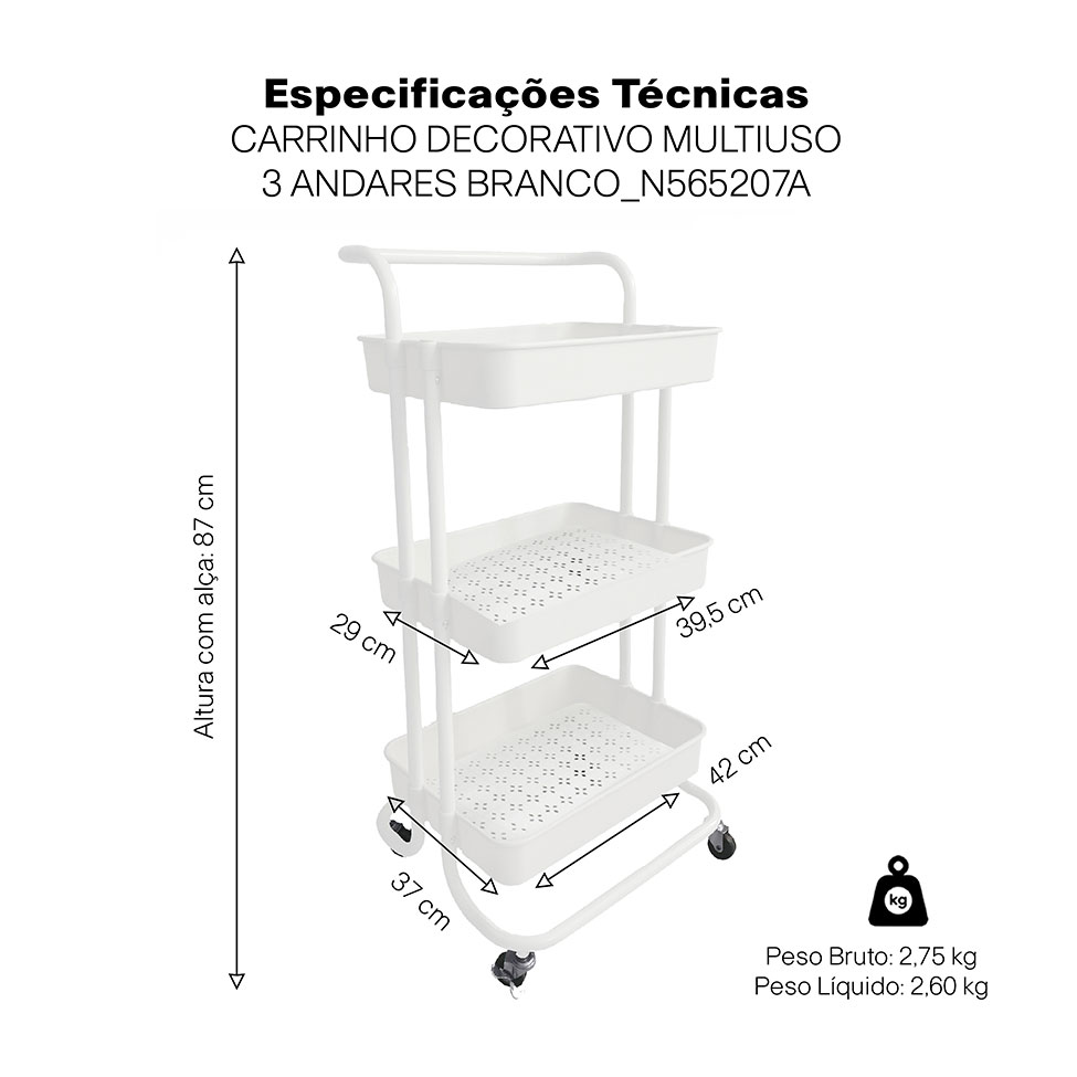 Carrinho Multiuso Cora 3 Prateleiras Branco
