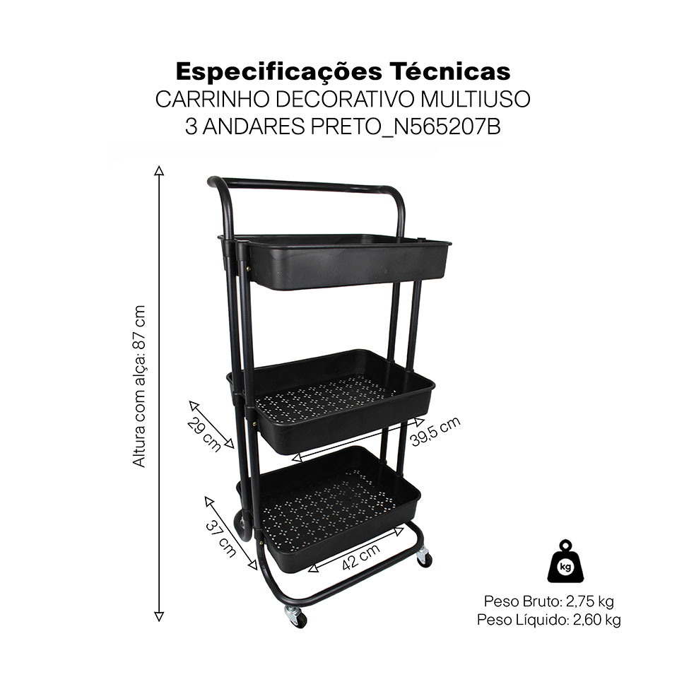 Carrinho Multiuso Cora 3 Prateleiras Preto