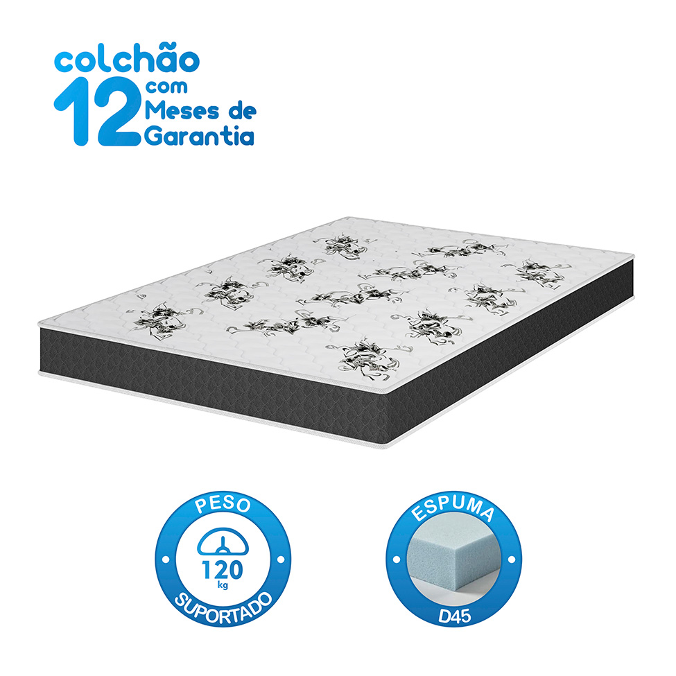Colchão Casal Joyful Espuma D45 (17x138x188) Cinza e Branco