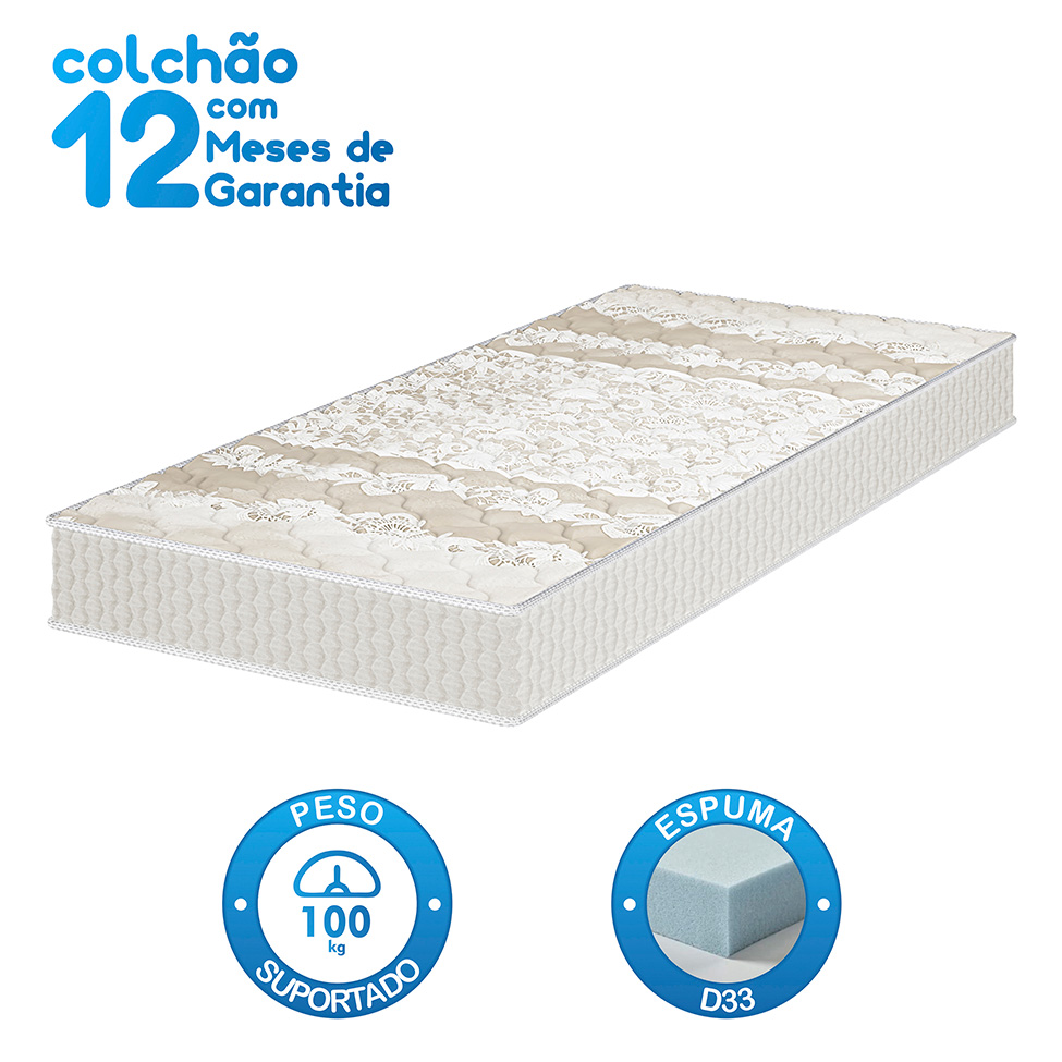 Colchão Solteiro Joyful Espuma D33 (17x88x188) Branco e Bege