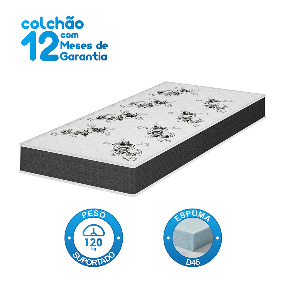 Colchão Solteiro Joyful Espuma D45 (17x88x188) Cinza e Branco