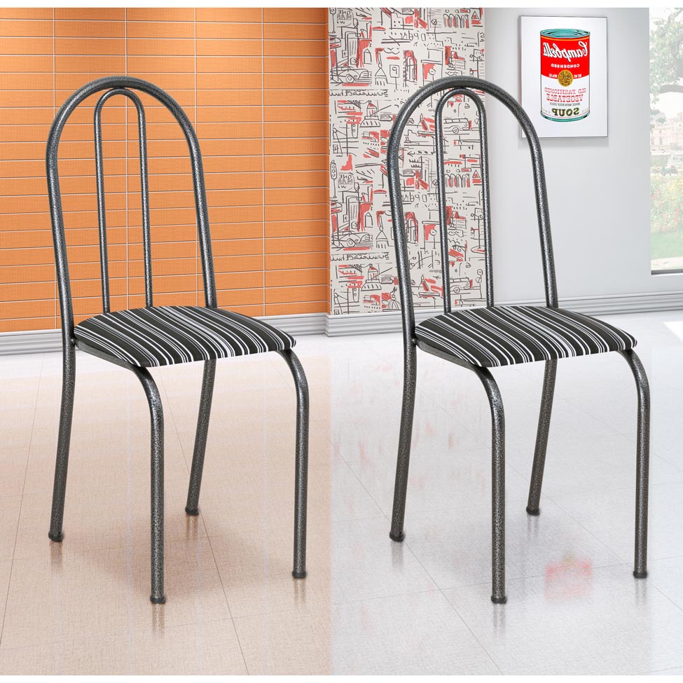 Conjunto 2 Cadeiras Éos Cromo Preto e Preto Listrado