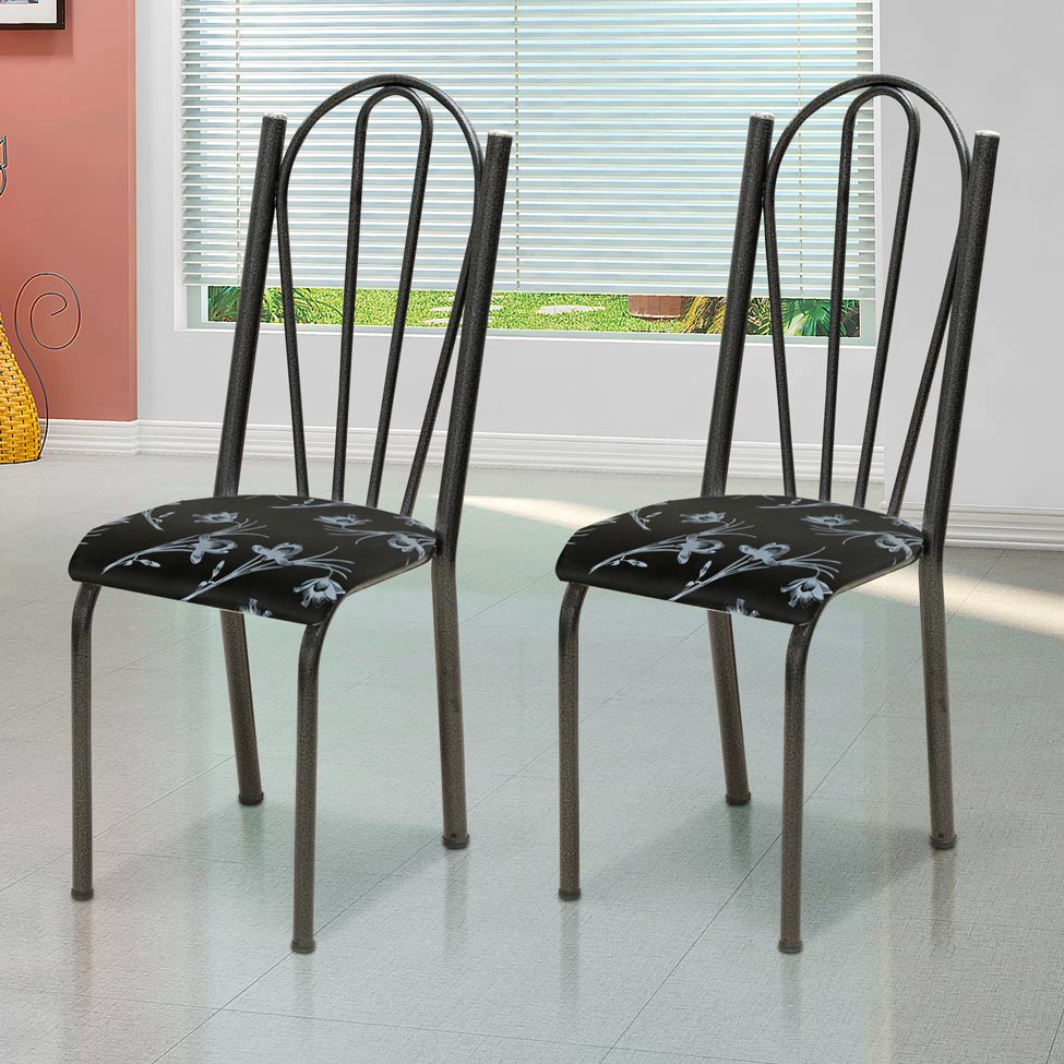 Conjunto 2 Cadeiras Mnemósine Cromo Preto e Preto Flor