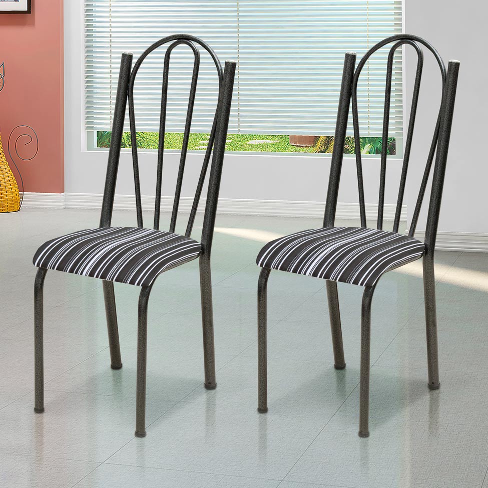 Conjunto 2 Cadeiras Mnemósine Cromo Preto e Preto Listrado
