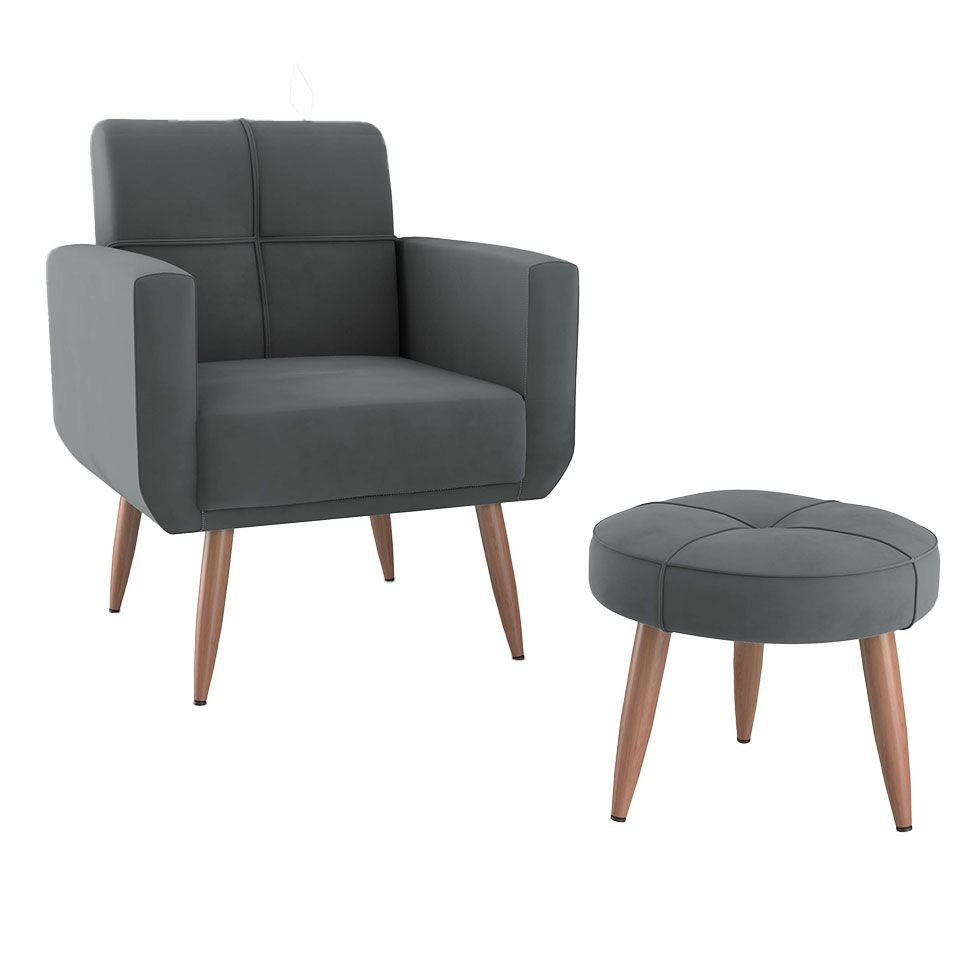 Conjunto com 1 Poltrona e 1 Puff Havana Cinza