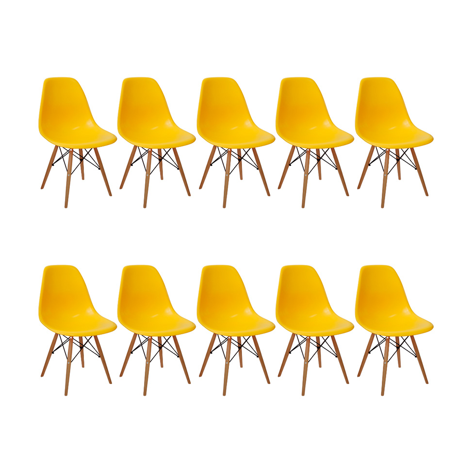 Conjunto com 10 Cadeiras DKR Eames Amarelo e Madeira