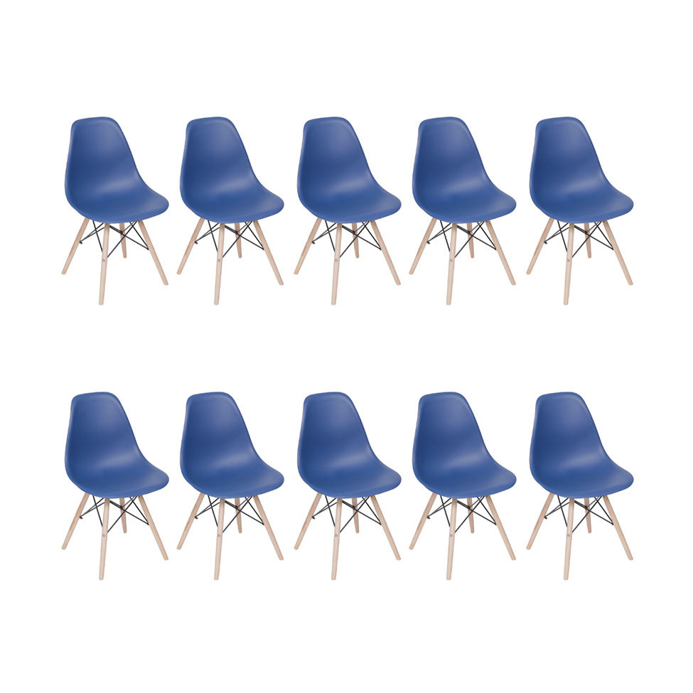 Conjunto com 10 Cadeiras DKR Eames Azul Marinho e Madeira