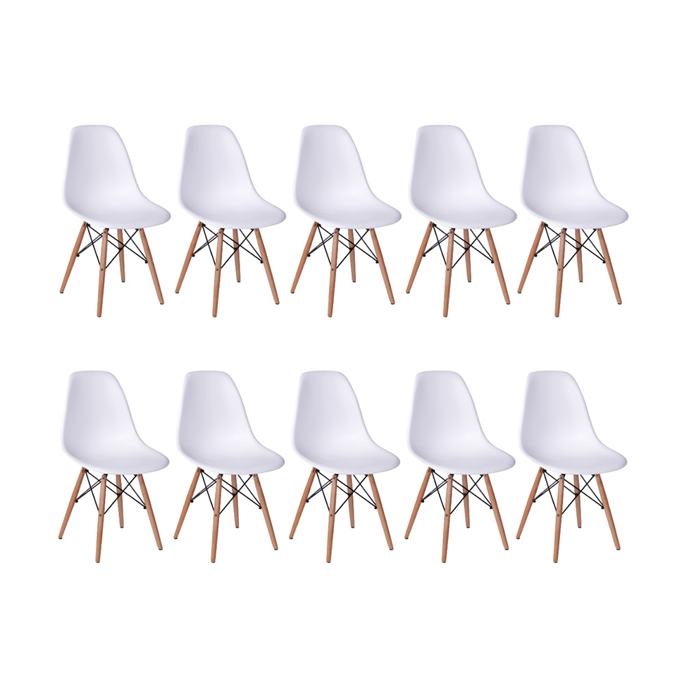 Conjunto com 10 Cadeiras DKR Eames Branco e Madeira