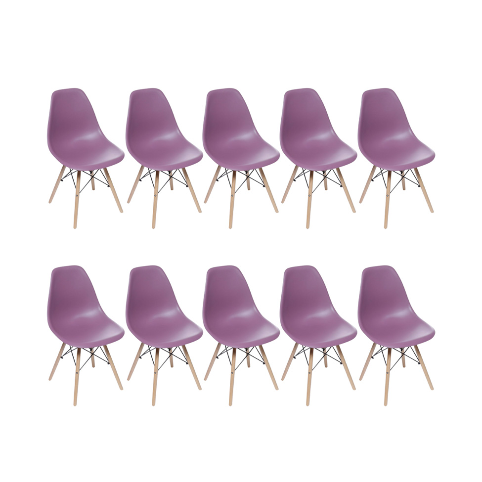 Conjunto com 10 Cadeiras DKR Eames Roxo e Madeira