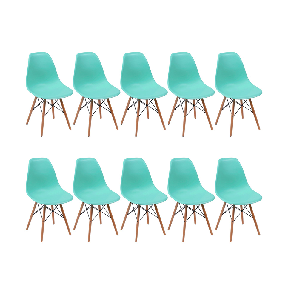 Conjunto com 10 Cadeiras DKR Eames Turquesa e Madeira