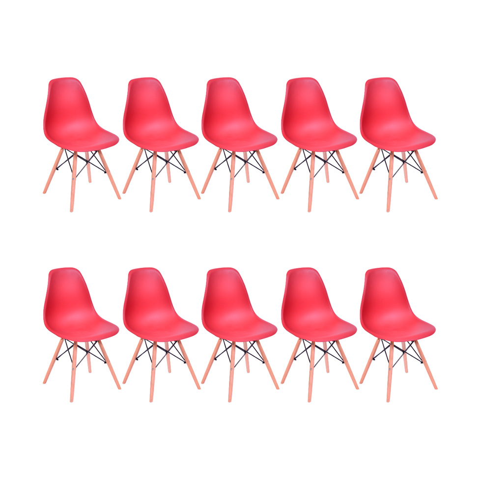 Conjunto com 10 Cadeiras DKR Eames Vermelho e Madeira