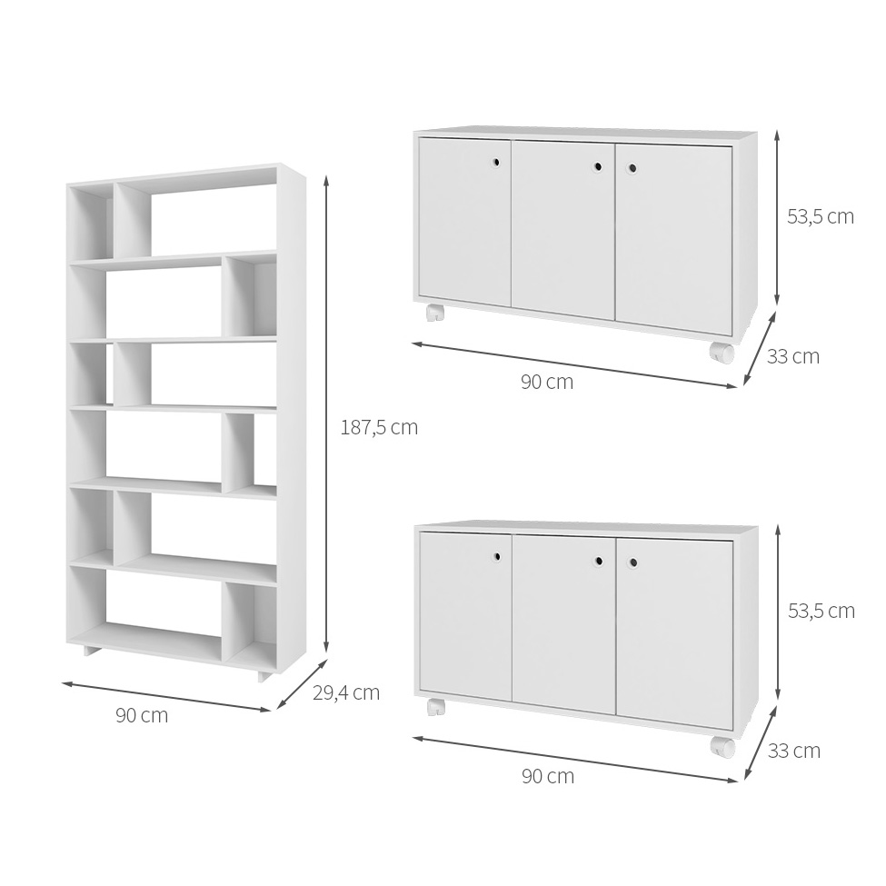 Conjunto com 2 Armários e 1 Estante para Escritório Enemie 6 Portas Branco