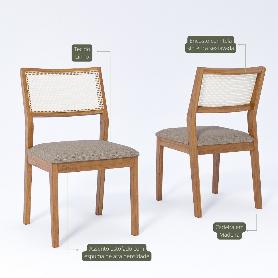 Conjunto com 2 Cadeiras Bella Linho Bege e Madeira