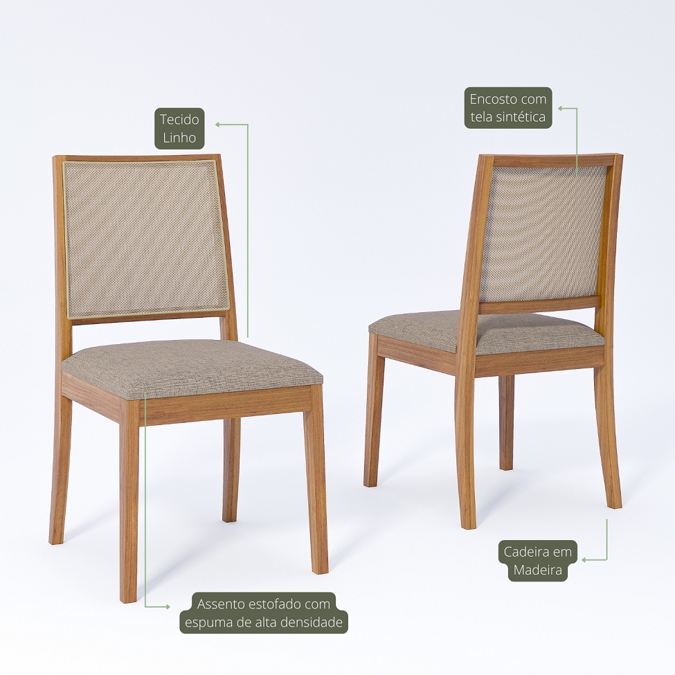 Conjunto com 2 Cadeiras Buriti Linho Bege e Madeira